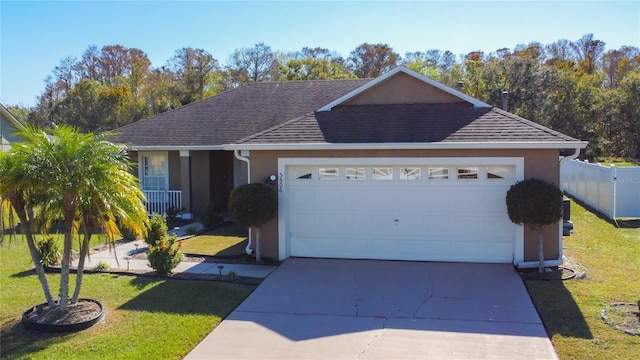 ranch-style home with a garage and a front lawn