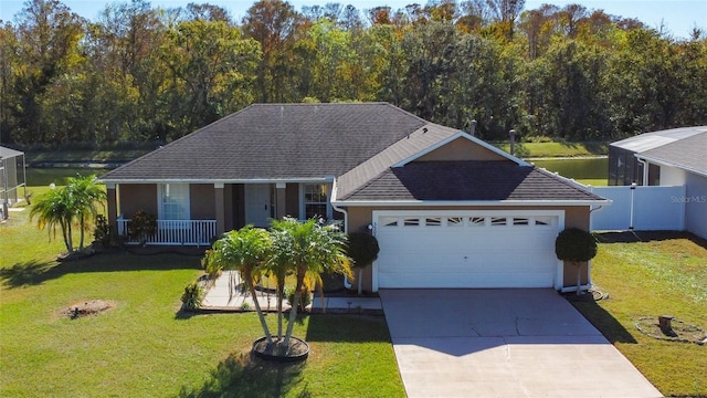 ranch-style house featuring covered porch, a front yard, and a garage