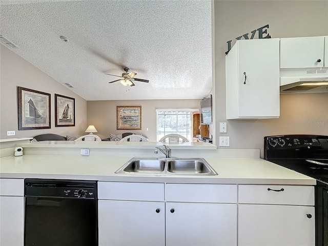 kitchen featuring electric range oven, extractor fan, sink, dishwasher, and white cabinetry