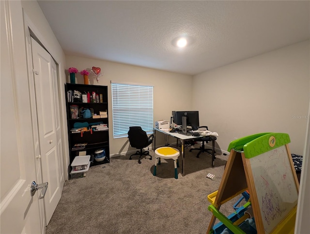 office space with carpet flooring and a textured ceiling