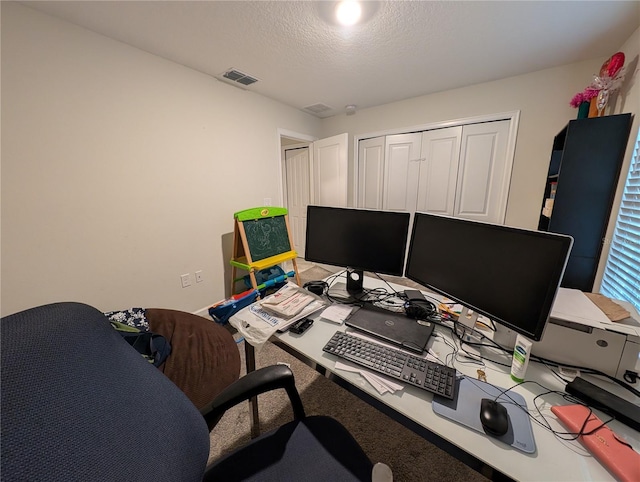 office space featuring carpet and a textured ceiling