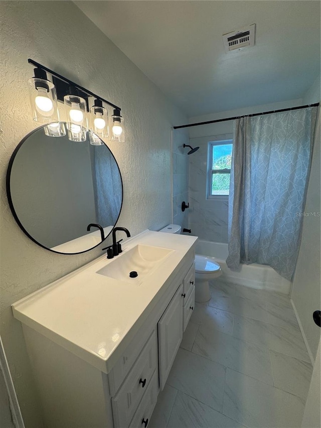 full bathroom with vanity, toilet, and shower / bath combo with shower curtain