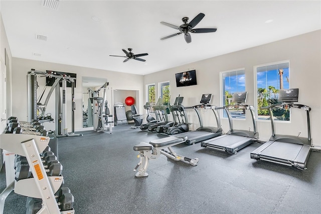 gym featuring ceiling fan