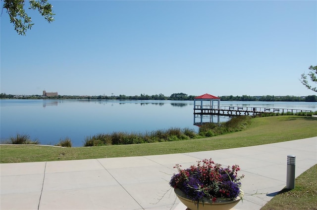 dock area with a water view and a lawn