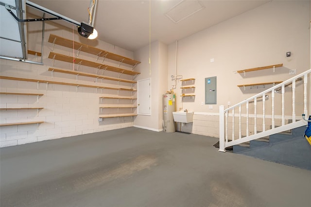 garage with electric panel, water heater, a sink, and a garage door opener