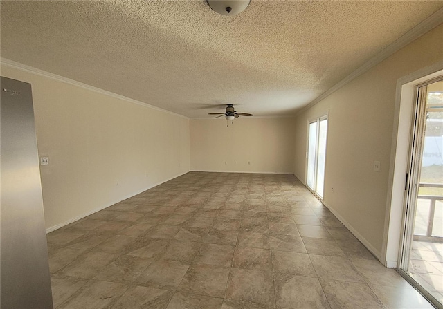 unfurnished room featuring ceiling fan, a textured ceiling, and ornamental molding