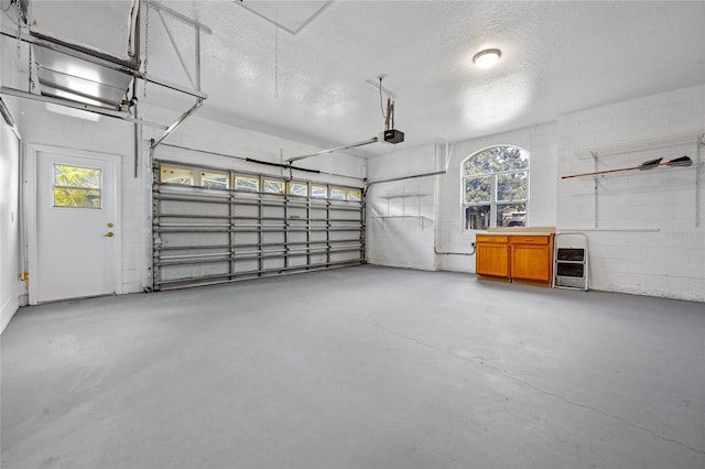 garage featuring a garage door opener and heating unit