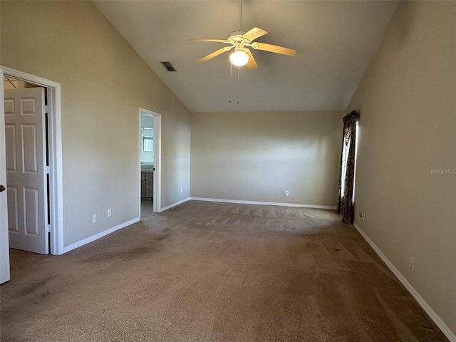 unfurnished room with carpet, high vaulted ceiling, and ceiling fan