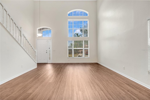 foyer entrance featuring hardwood / wood-style floors and a high ceiling