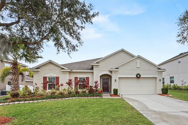 ranch-style house with a front lawn and a garage