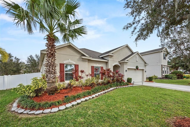 ranch-style home featuring a front lawn and a garage