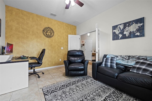 office area with tile patterned flooring, a textured ceiling, and ceiling fan