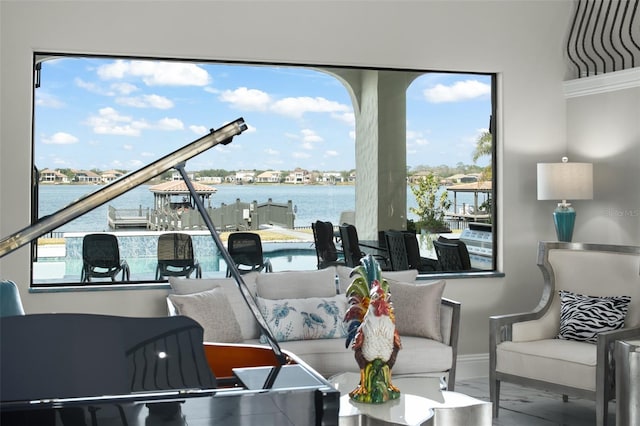 living room with a water view