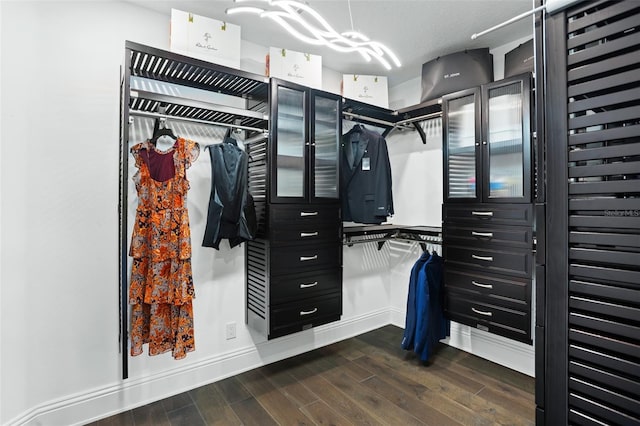 walk in closet with dark hardwood / wood-style floors