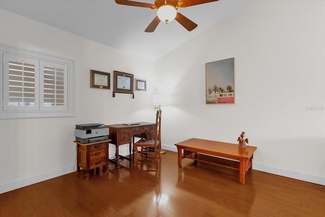 office area featuring hardwood / wood-style flooring, ceiling fan, and lofted ceiling