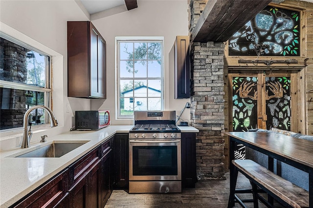 kitchen with stainless steel gas range oven, dark brown cabinetry, sink, and dark wood-type flooring