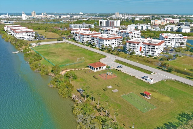 bird's eye view with a water view