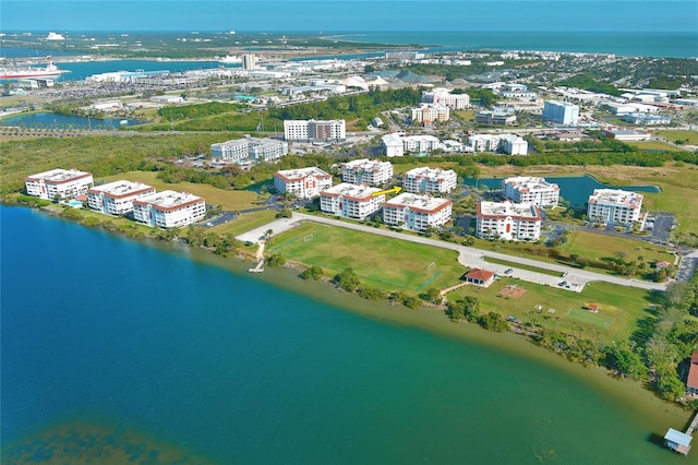 aerial view featuring a water view