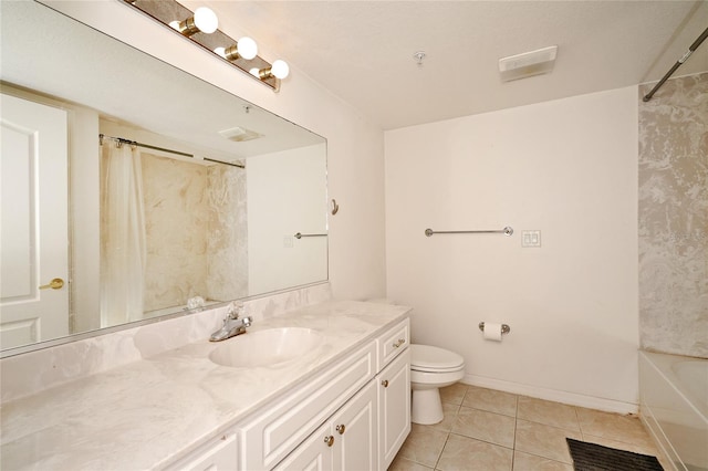 full bathroom featuring toilet, shower / bath combo, vanity, and tile patterned floors