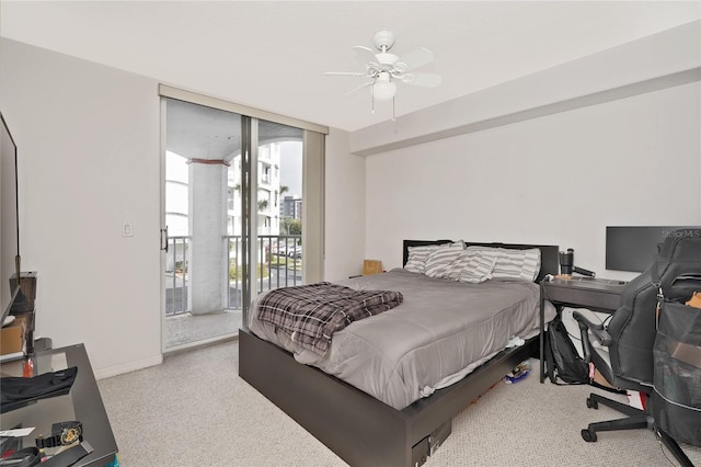 carpeted bedroom with access to exterior and ceiling fan