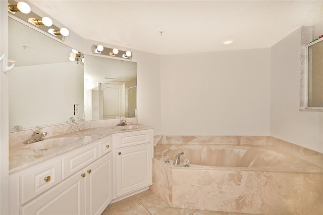 bathroom featuring tile patterned floors, plus walk in shower, and vanity