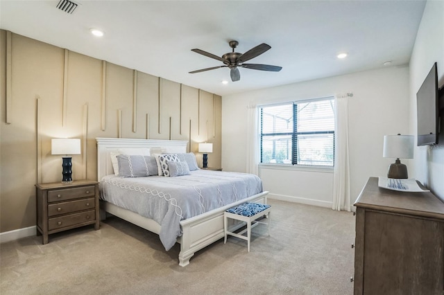 carpeted bedroom featuring ceiling fan