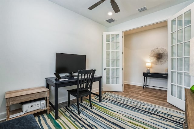 office with french doors, ceiling fan, and hardwood / wood-style floors