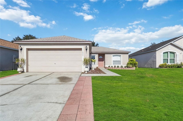 ranch-style home featuring a garage and a front yard