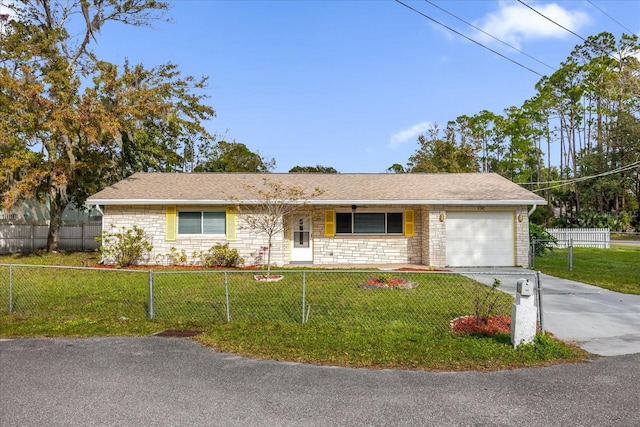 ranch-style home with a porch, a garage, and a front lawn