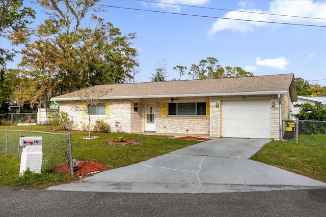 single story home with a porch, a garage, and a front lawn