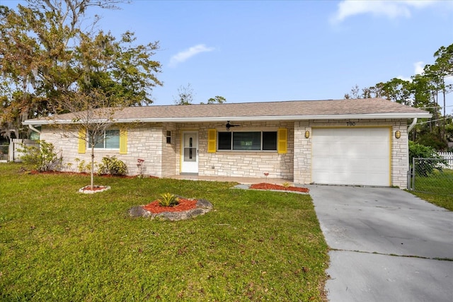 ranch-style house with a porch, a garage, and a front yard