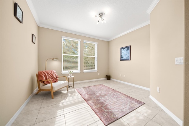 living area with ornamental molding and light tile patterned floors