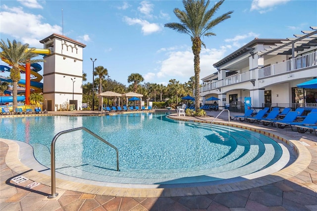 view of swimming pool featuring a patio