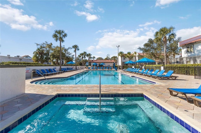 view of swimming pool featuring a patio area