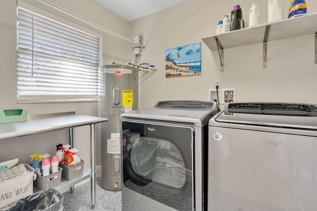 laundry room featuring laundry area, water heater, and washing machine and clothes dryer