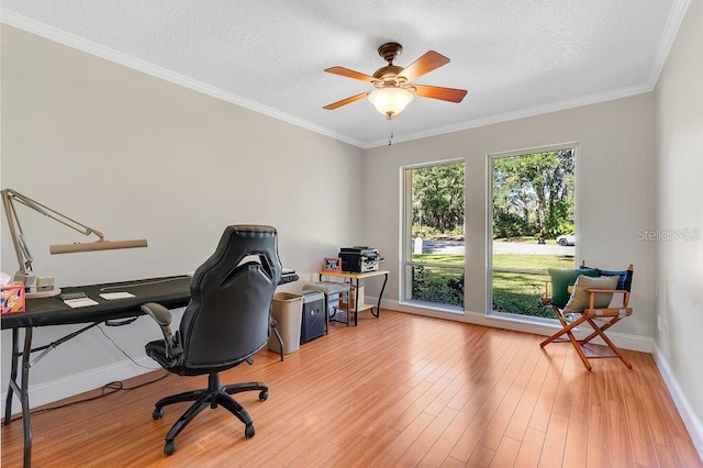 office space featuring crown molding, light wood finished floors, ceiling fan, a textured ceiling, and baseboards