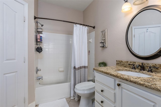 full bathroom featuring tile patterned flooring, vanity, toilet, and shower / bath combo with shower curtain