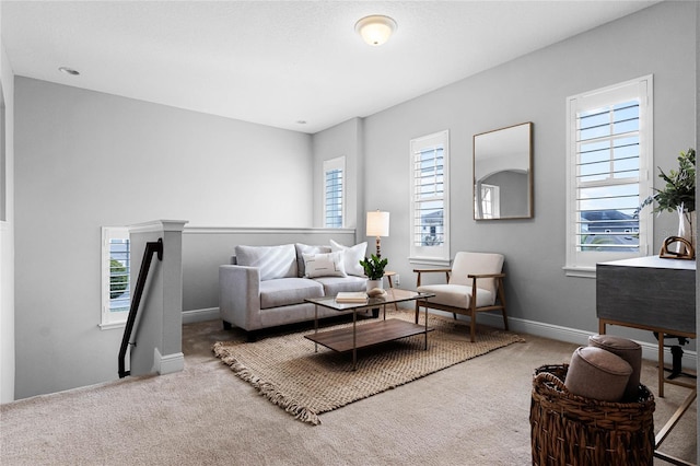 living room with baseboards and carpet floors