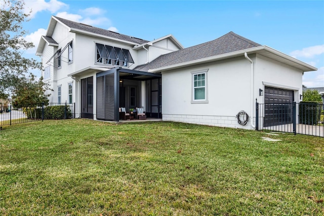 rear view of property featuring fence, driveway, roof with shingles, a garage, and a lawn