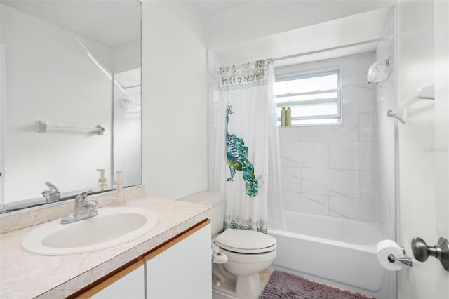 full bathroom with shower / bath combo, vanity, and toilet