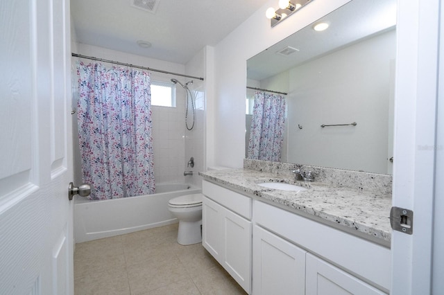 full bathroom with vanity, shower / bath combination with curtain, and toilet