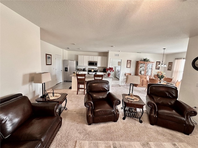 living area featuring light colored carpet and a textured ceiling