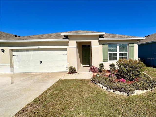 view of front of house with a shingled roof, stucco siding, concrete driveway, a front lawn, and a garage