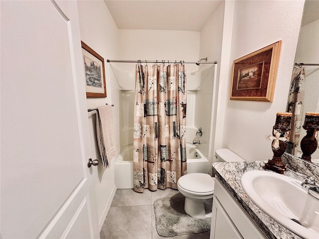 full bath with tile patterned flooring, toilet, vanity, and shower / bath combination with curtain