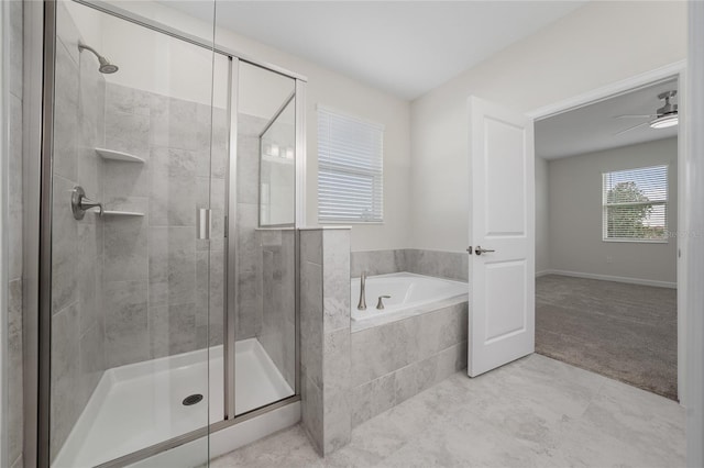 bathroom with shower with separate bathtub, tile patterned floors, and ceiling fan