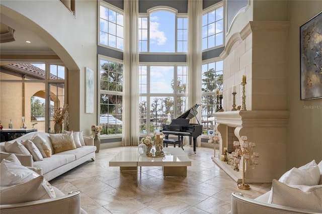 living room with a high ceiling and a premium fireplace