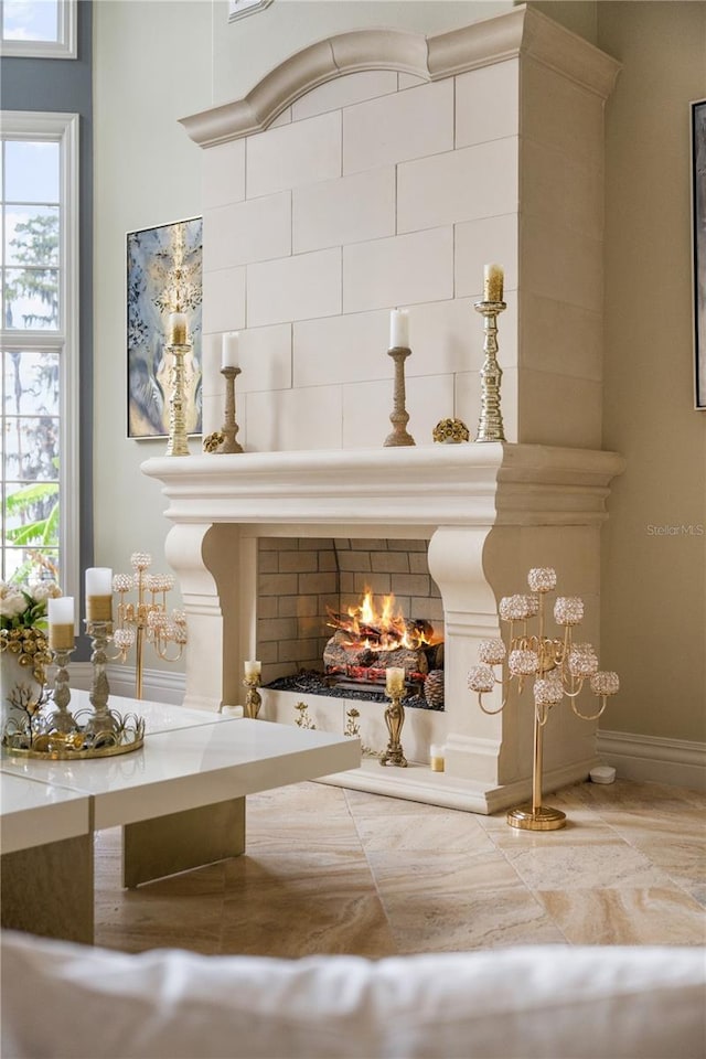 room details with a large fireplace