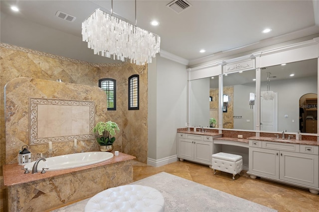 bathroom featuring crown molding, vanity, a chandelier, and a relaxing tiled tub