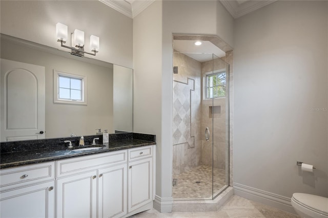 bathroom featuring walk in shower, tile patterned floors, crown molding, toilet, and vanity