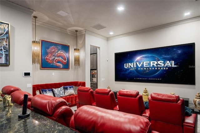 home theater featuring ornamental molding